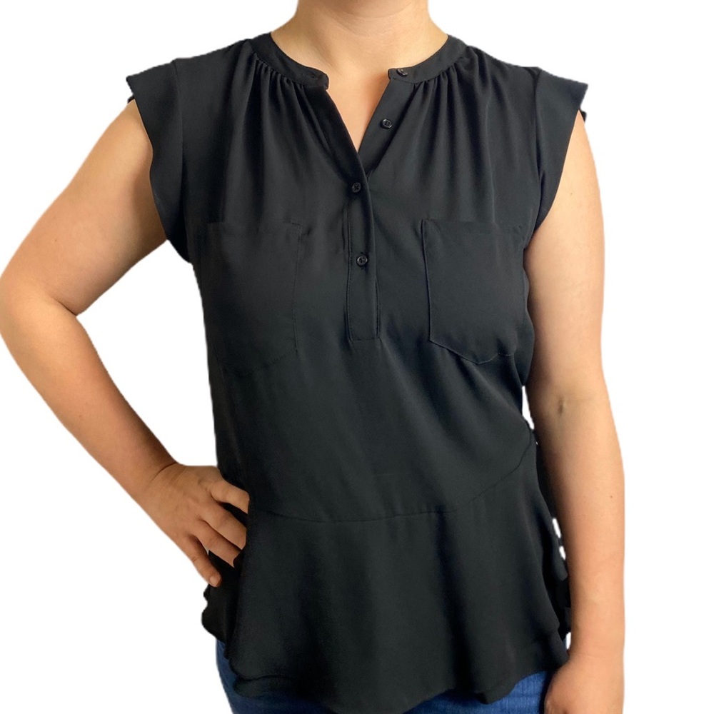Black Feminine Ruffle Top has Buttons and Pockets